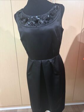 ANTONIO MELANI Black Satin Sleeveless Embellished Neck Midi Dress